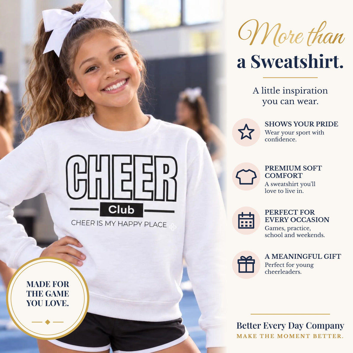 BED-SET-v1 banner | Cheer Club Youth Sweatshirt | Cheer Is My Happy Place | Girls Cheer Youth Crewneck