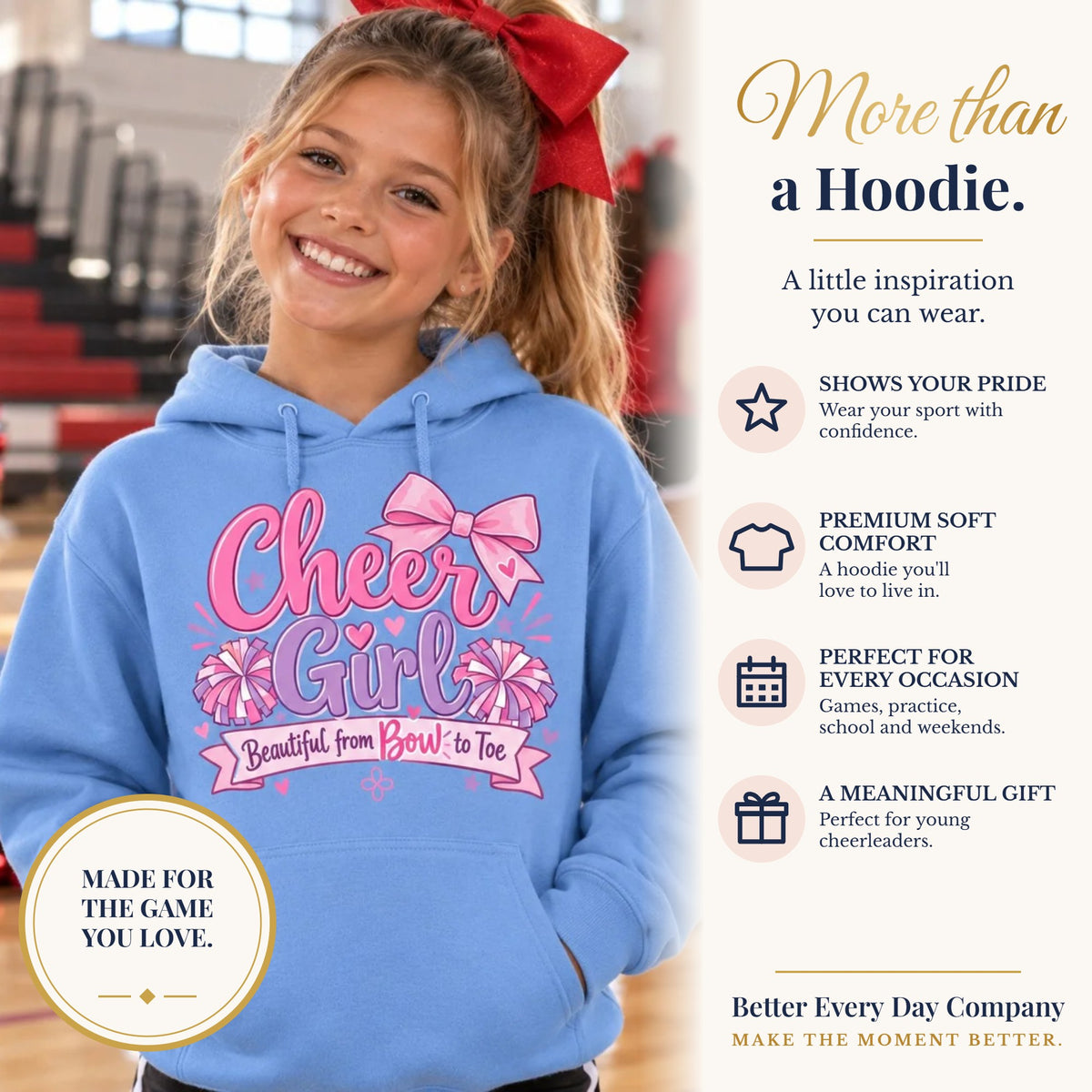 BED-SET-v1 banner | Cheer Girl Youth Hoodie | Beautiful From Bow to Toe | Girls Cheer Youth Hoodie