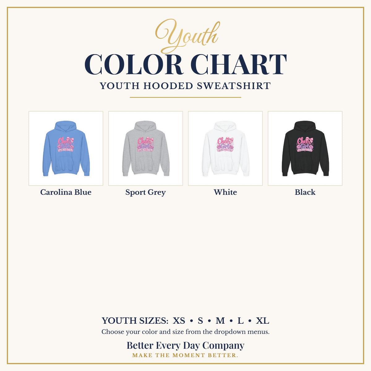 BED-SET-v1 chart | Cheer Girl Youth Hoodie | Beautiful From Bow to Toe | Girls Cheer Youth Hoodie