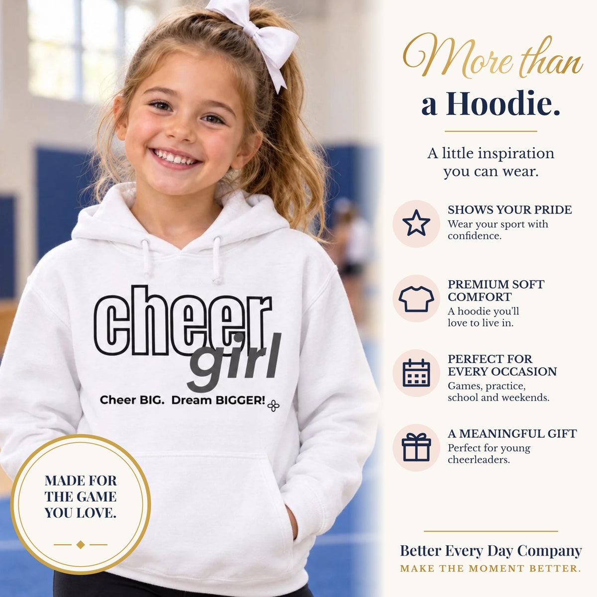 BED-SET-v1 banner | Cheer Girl Youth Hoodie | Cheer Big, Dream Bigger | Girls Cheer Youth Hoodie