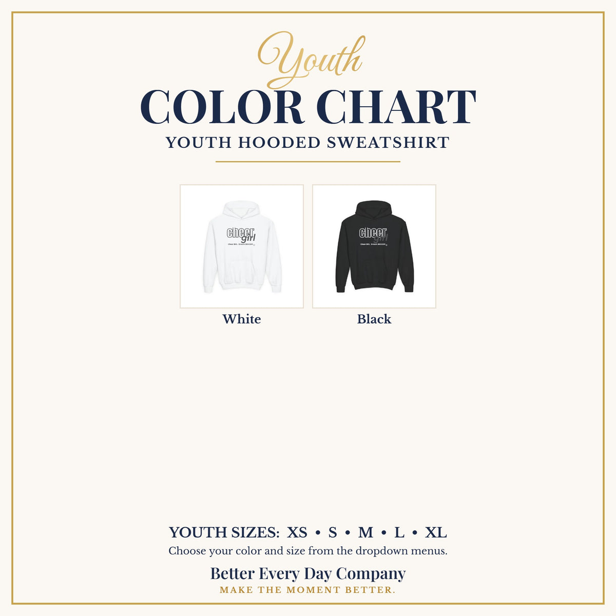 BED-SET-v1 chart | Cheer Girl Youth Hoodie | Cheer Big, Dream Bigger | Girls Cheer Youth Hoodie