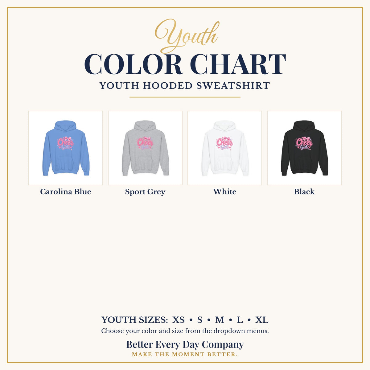 BED-SET-v1 chart | Cheer Girl Youth Hoodie | Girls Cheer Youth Hoodie