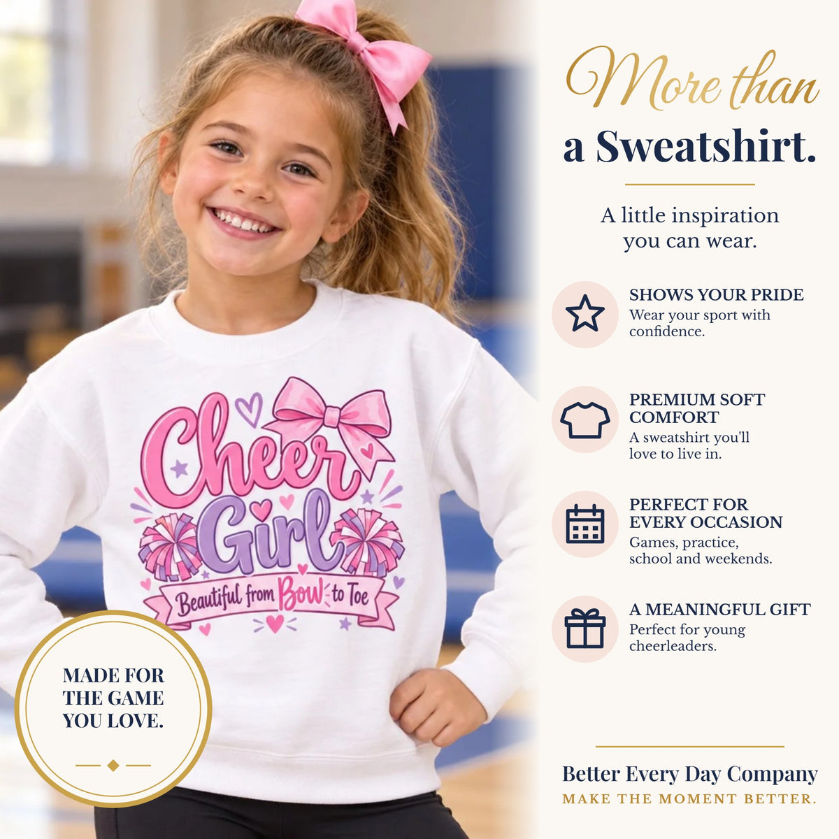 BED-SET-v1 banner | Cheer Girl Youth Sweatshirt | Beautiful From Bow to Toe | Girls Cheer Youth Crewneck