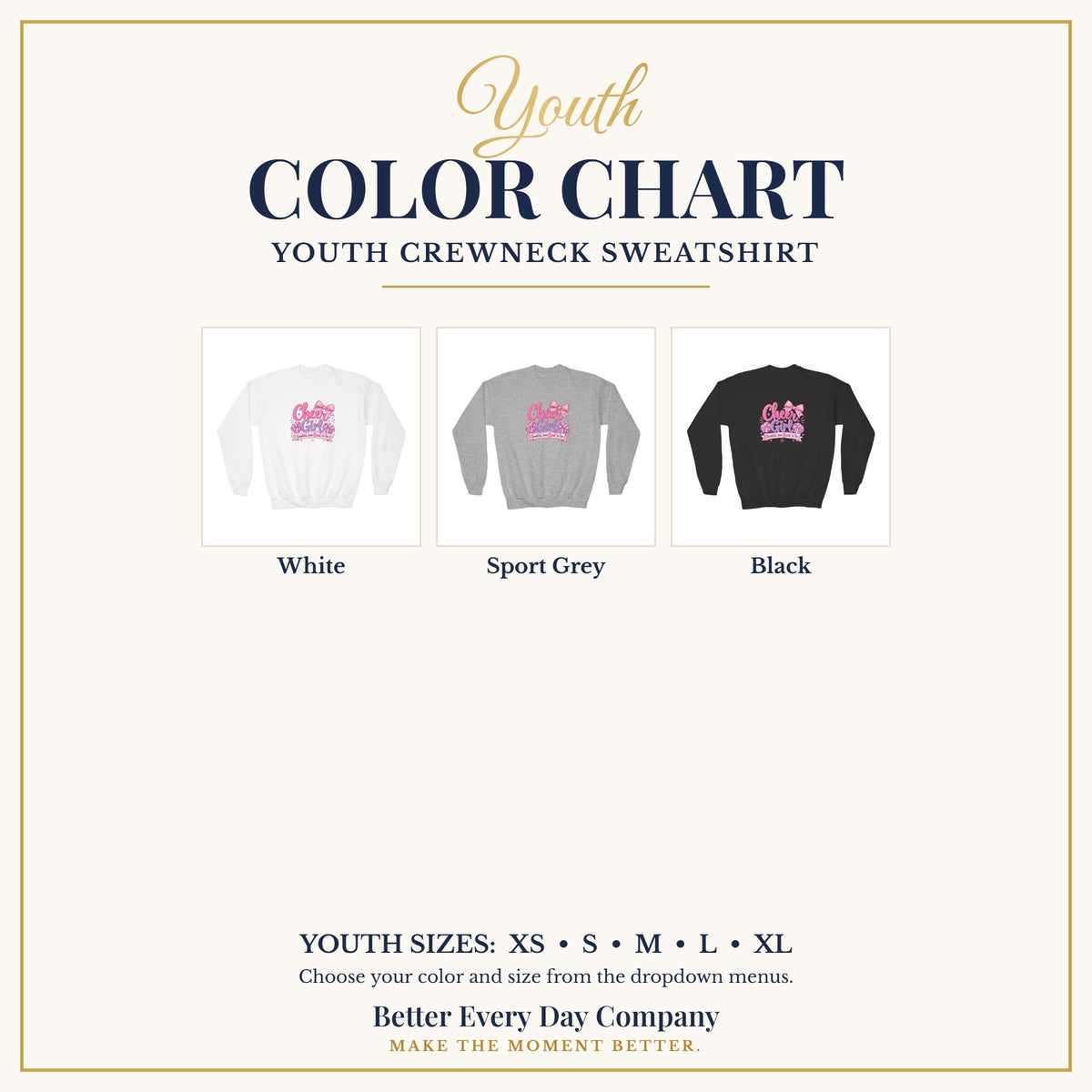 BED-SET-v1 chart | Cheer Girl Youth Sweatshirt | Beautiful From Bow to Toe | Girls Cheer Youth Crewneck