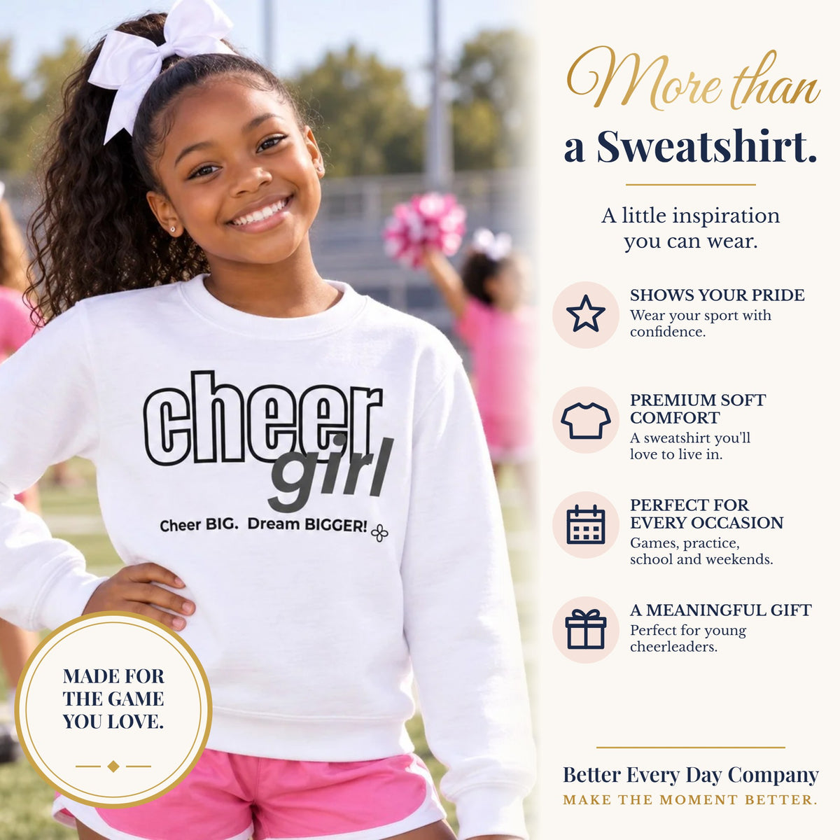 BED-SET-v1 banner | Cheer Girl Youth Sweatshirt | Cheer Big, Dream Bigger | Girls Cheer Youth Crewneck