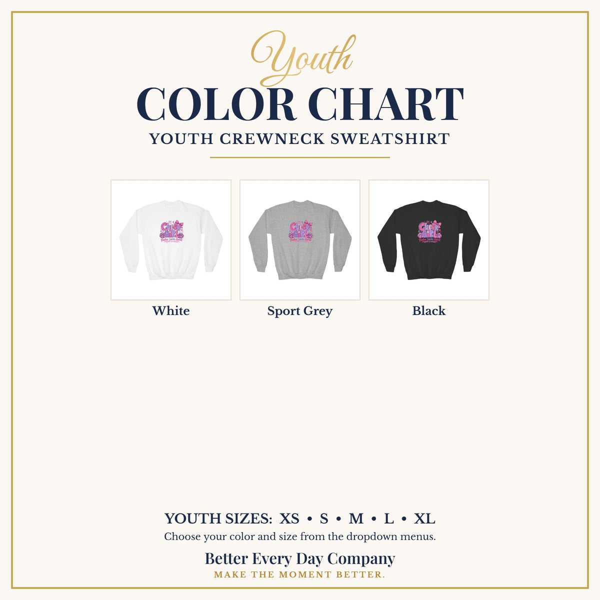 BED-SET-v1 chart | Cheer Girl Youth Sweatshirt | Practice, Sparkle, Repeat | Girls Cheer Youth Crewneck
