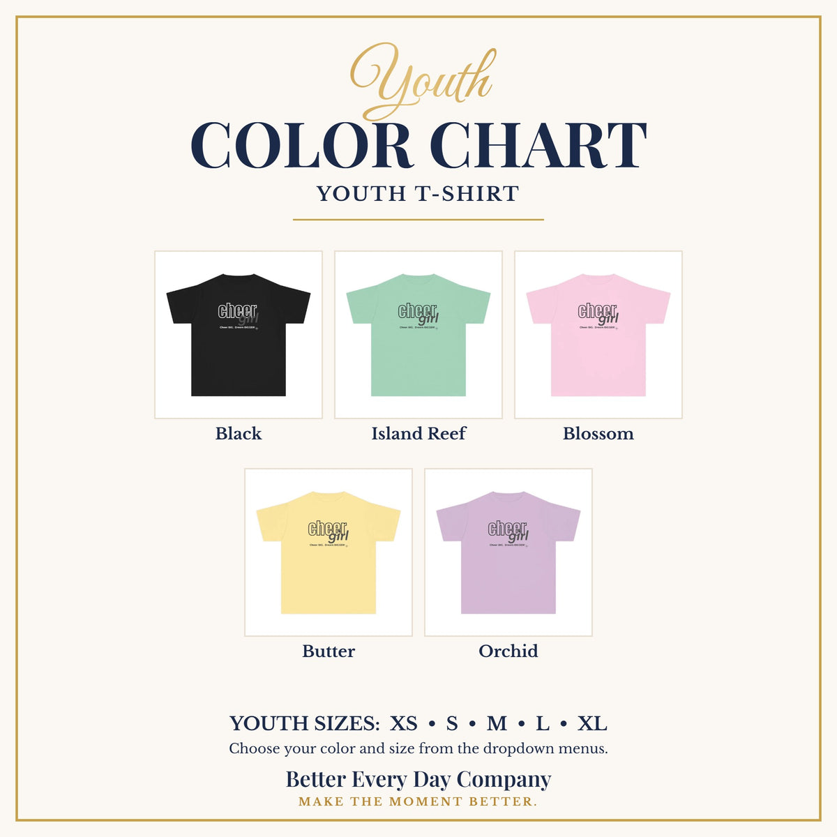 BED-SET-v1 chart | Cheer Girl Youth T-Shirt | Cheer Big, Dream Bigger | Girls Cheer Comfort Colors Youth Tee