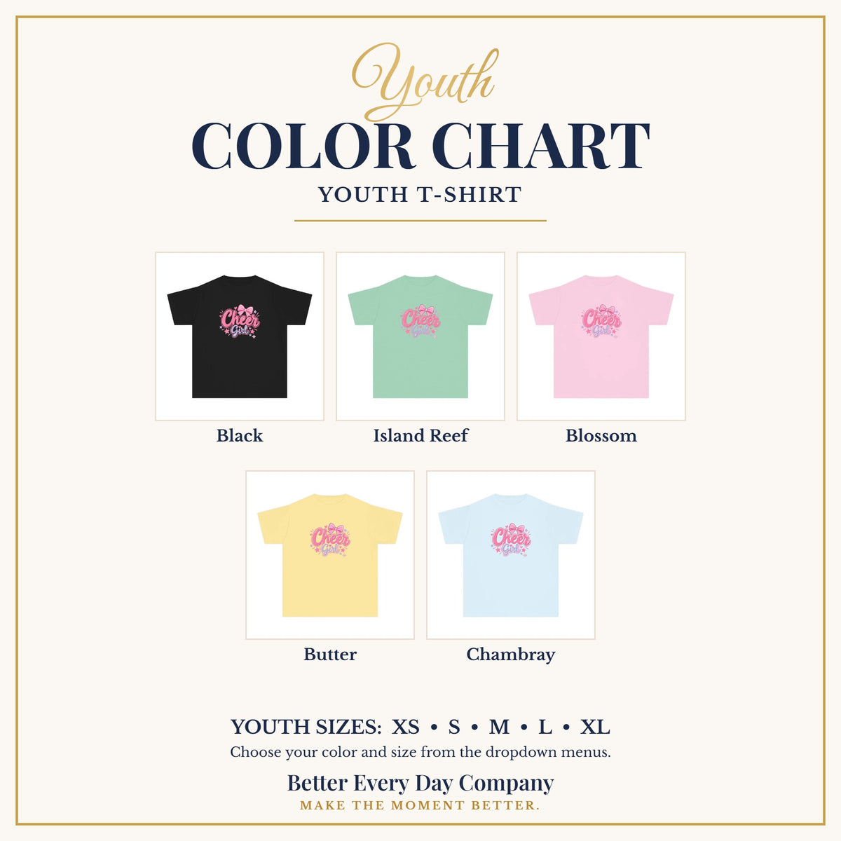 BED-SET-v1 chart | Cheer Girl Youth T-Shirt | Girls Cheer Comfort Colors Youth Tee