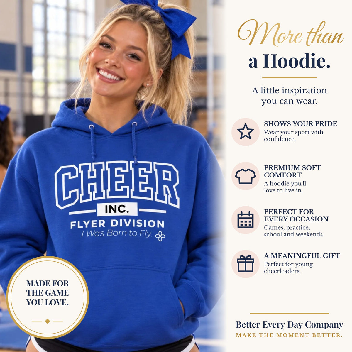BED-SET-v1 banner | Cheer Inc. Flyer Division Youth Hoodie | I Was Born to Fly | Girls Cheer Youth Hoodie