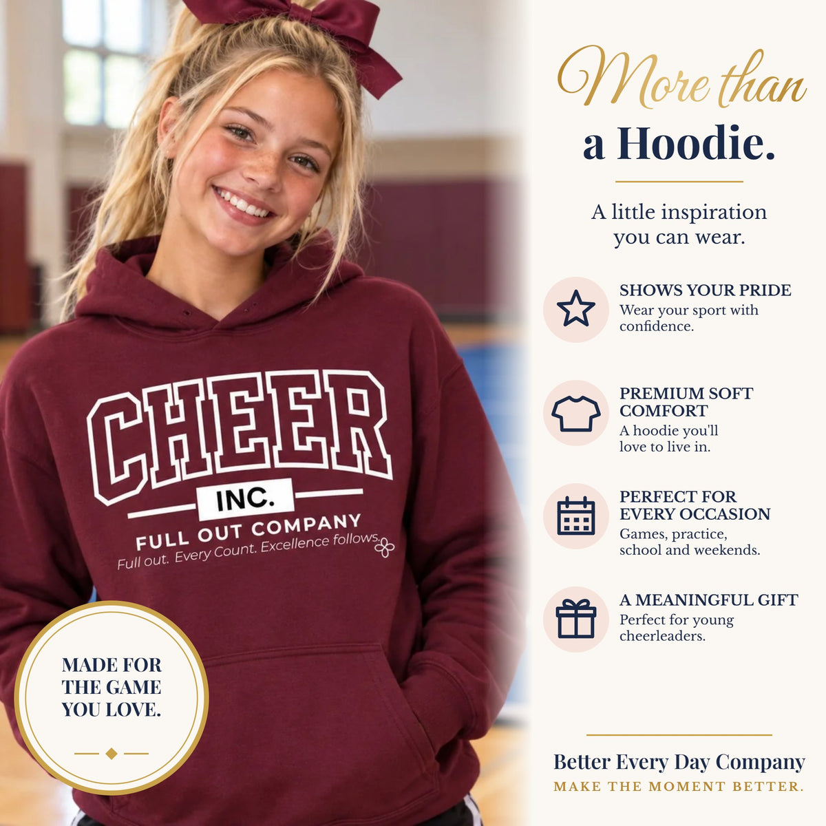 BED-SET-v1 banner | Cheer Inc. Full Out Company Youth Hoodie | Full Out, Every Count | Girls Cheer Youth Hoodie