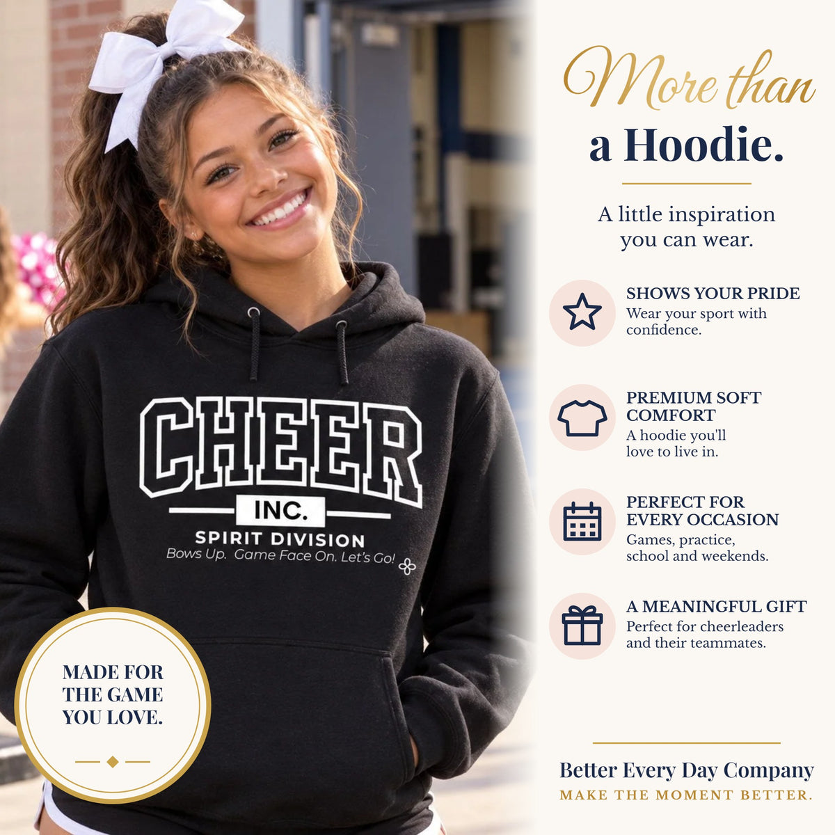 BED-SET-v1 banner | Cheer Inc. Spirit Division Hoodie | Bows Up, Game Face On, Let's Go | Cheer Gildan Hoodie