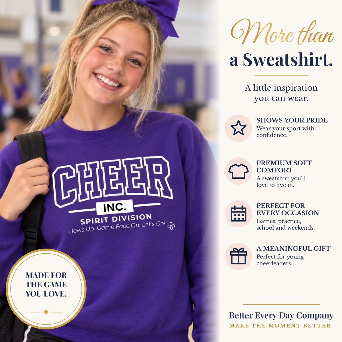 BED-SET-v1 banner | Cheer Inc. Spirit Division Youth Sweatshirt | Bows Up, Game Face On, Let's Go | Girls Cheer Youth Crewneck