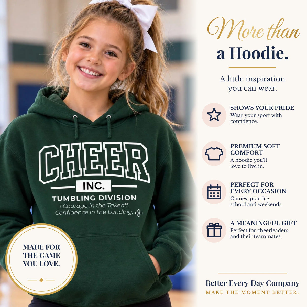 BED-SET-v1 banner | Cheer Inc. Tumbling Division Hoodie | Courage in the Takeoff, Confidence in the Landing | Cheer Gildan Hoodie