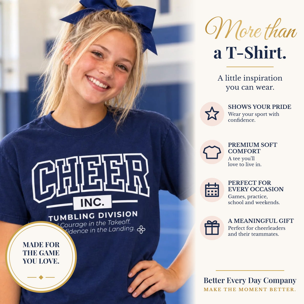 BED-SET-v1 banner | Cheer Inc. Tumbling Division T-Shirt | Courage in the Takeoff, Confidence in the Landing | Cheer Comfort Colors Tee