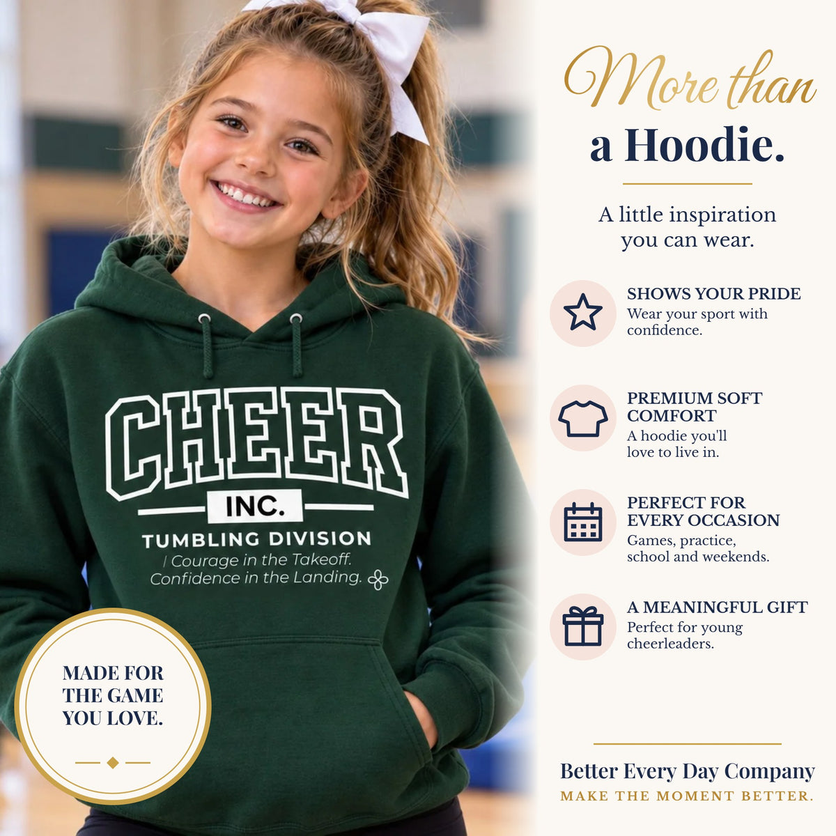 BED-SET-v1 banner | Cheer Inc. Tumbling Division Youth Hoodie | Courage in the Takeoff, Confidence in the Landing | Girls Cheer Youth Hoodie