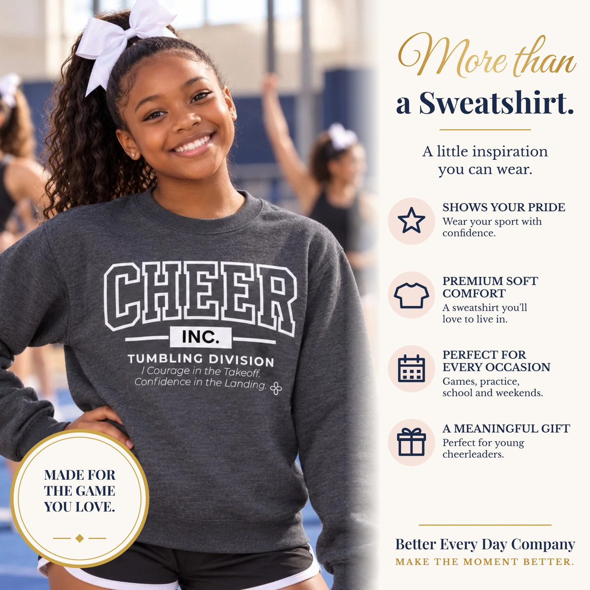 BED-SET-v1 banner | Cheer Inc. Tumbling Division Youth Sweatshirt | Courage in the Takeoff, Confidence in the Landing | Girls Cheer Youth Crewneck