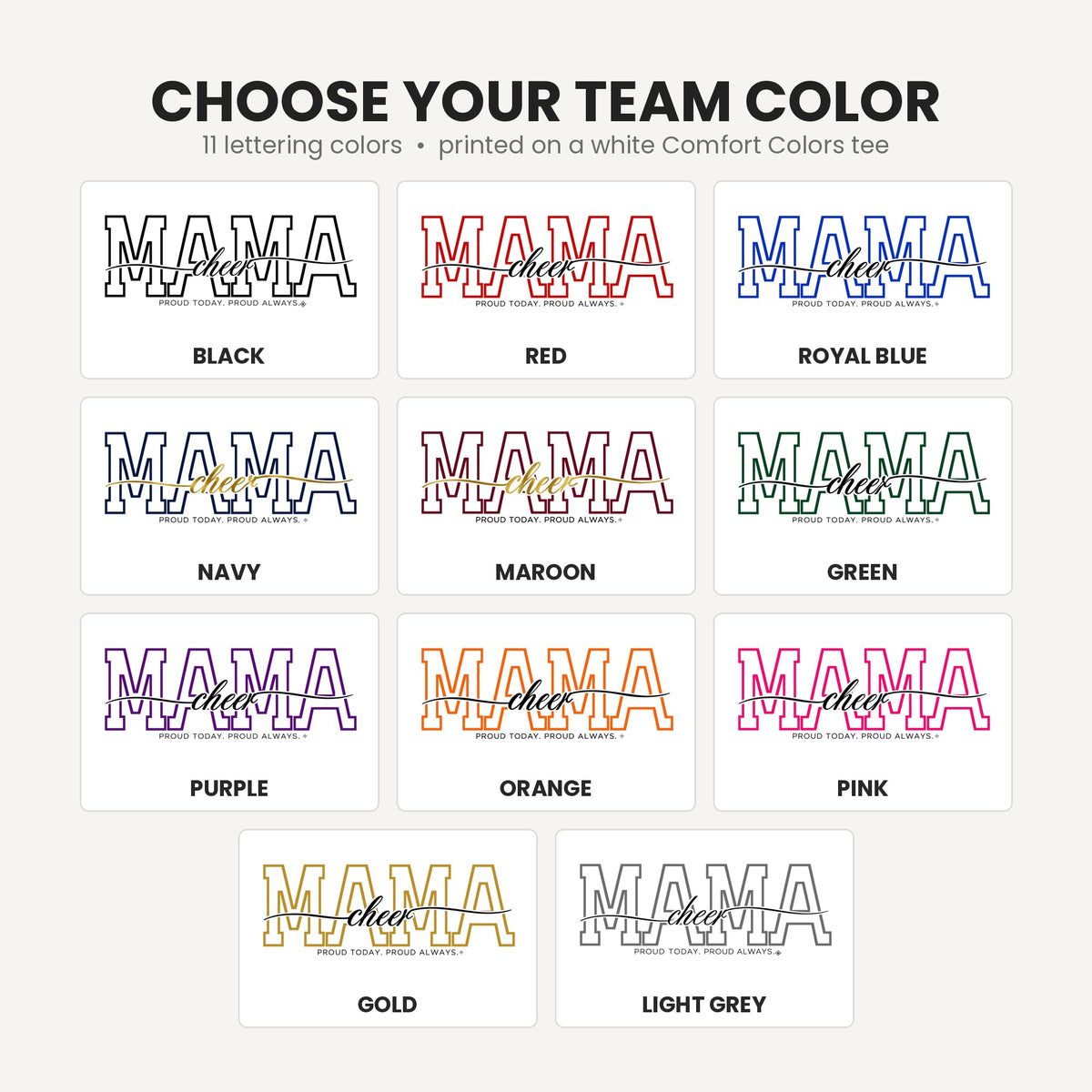 Cheer Mama shirt team lettering colors