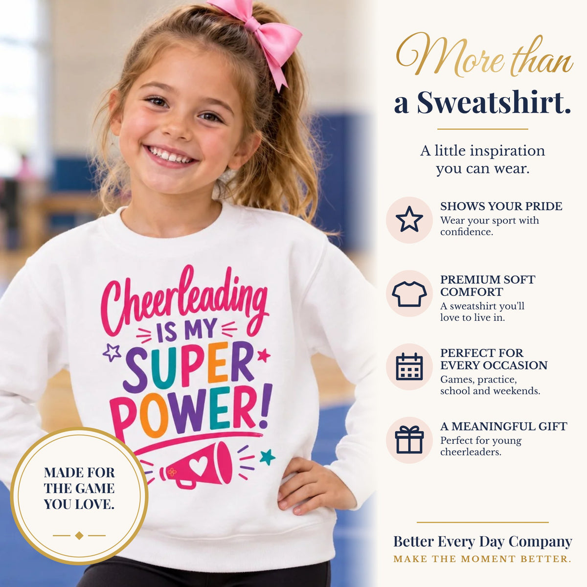BED-SET-v1 banner | Cheerleading Is My Superpower Youth Sweatshirt | Cheerleader Gift | Girls Cheer Youth Crewneck