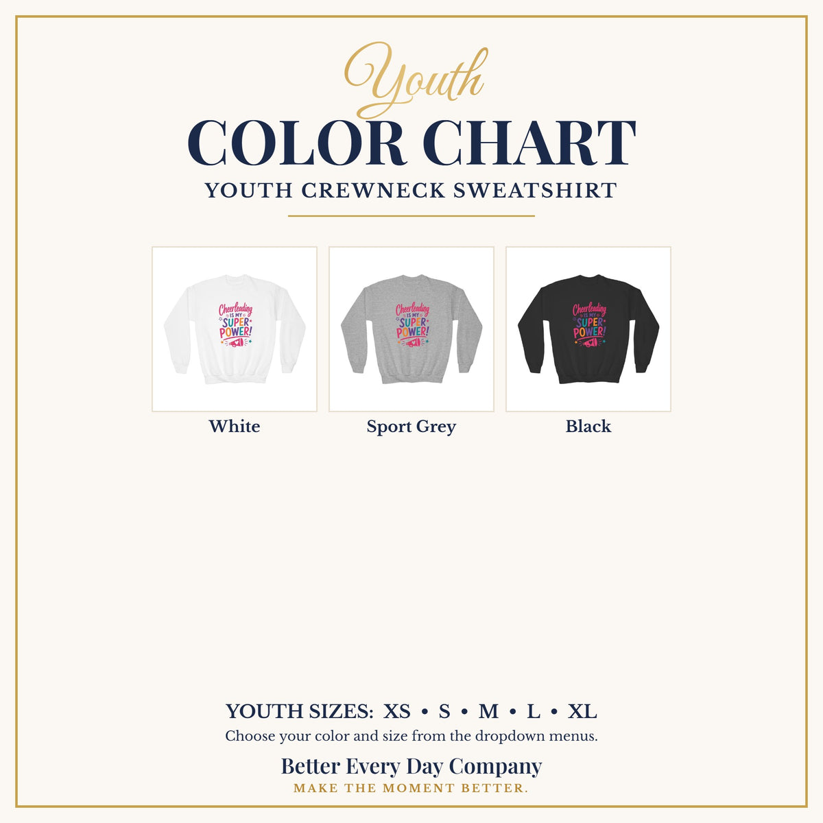 BED-SET-v1 chart | Cheerleading Is My Superpower Youth Sweatshirt | Cheerleader Gift | Girls Cheer Youth Crewneck
