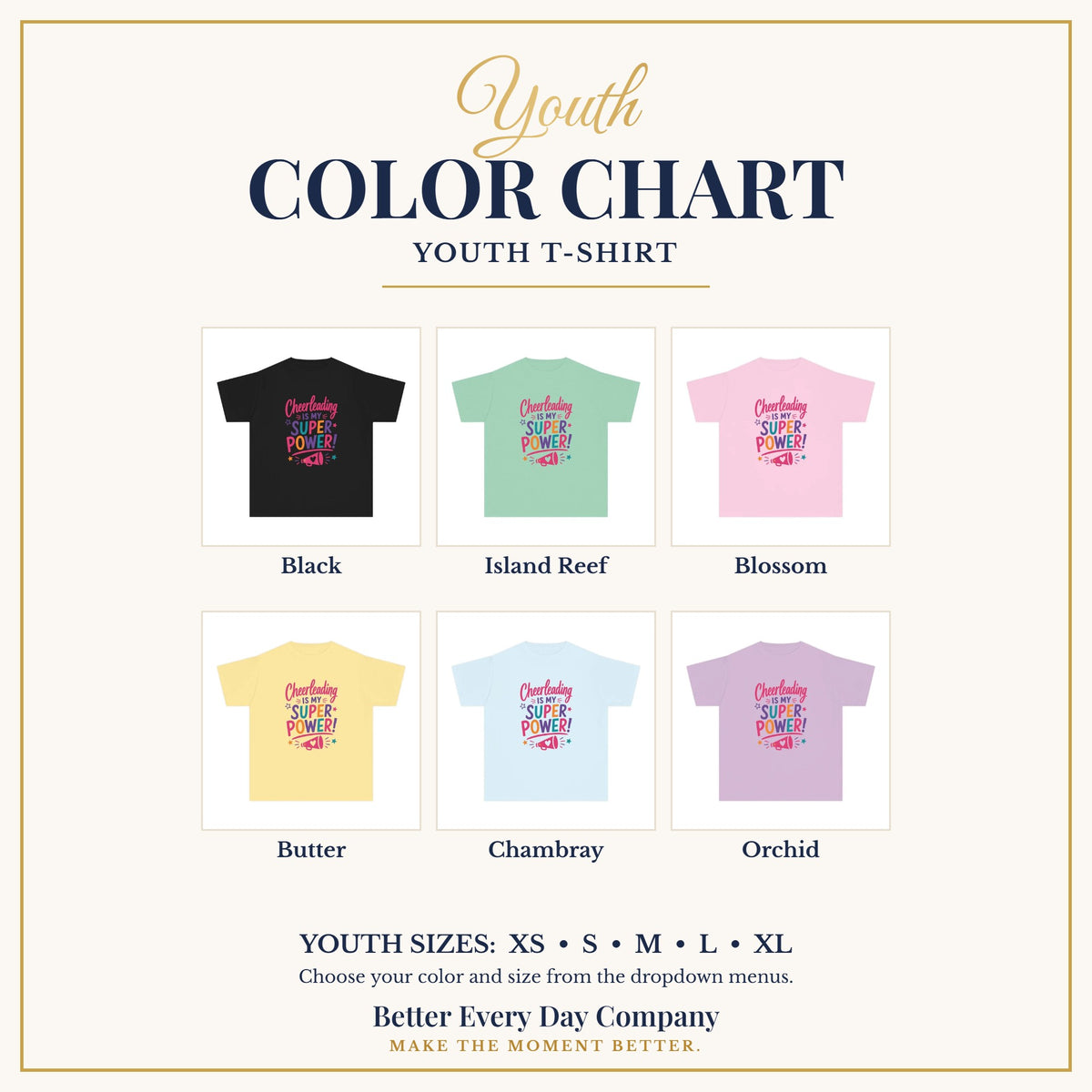 BED-SET-v1 chart | Cheerleading Is My Superpower Youth T-Shirt | Cheerleader Gift | Girls Cheer Comfort Colors Youth Tee