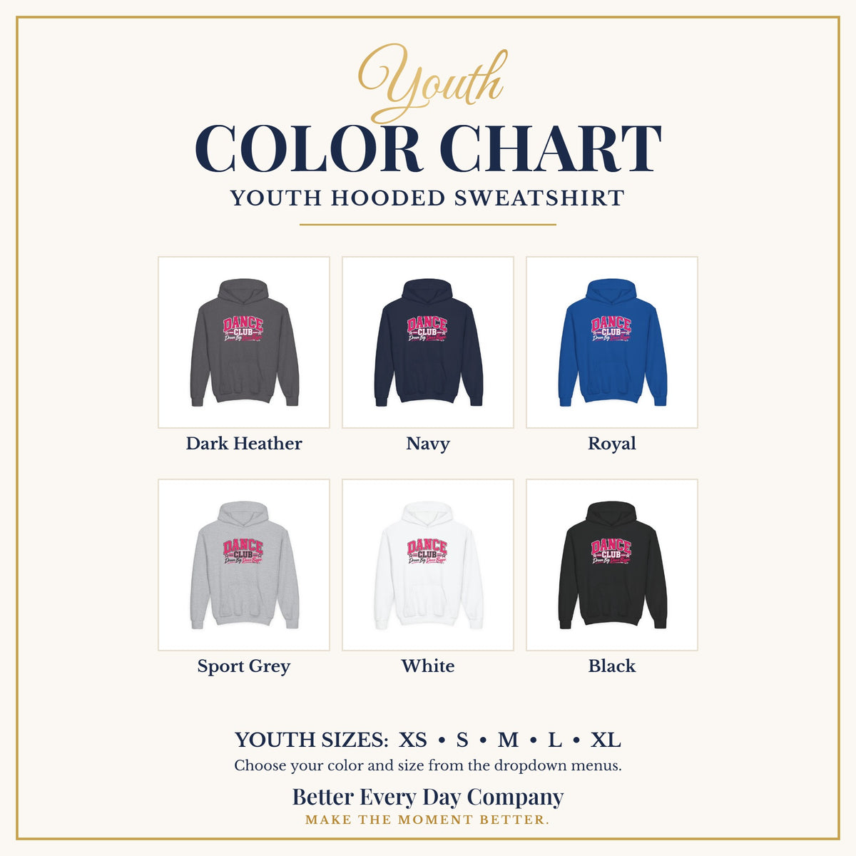 BED-SET-v1 chart | Dance Club Youth Hoodie | Dream Big, Dance Bigger | Girls Dance Youth Hoodie