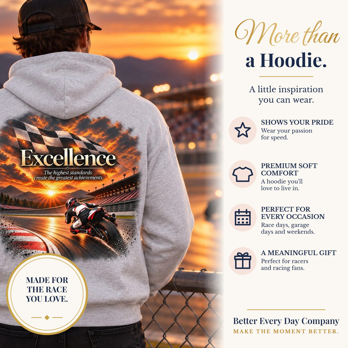 BED-SET-v1 banner | Excellence - The Highest Standards Create the Greatest Achievements | Motorcycle Racing Gift | Front Logo and Back Print | Gildan Hoodie