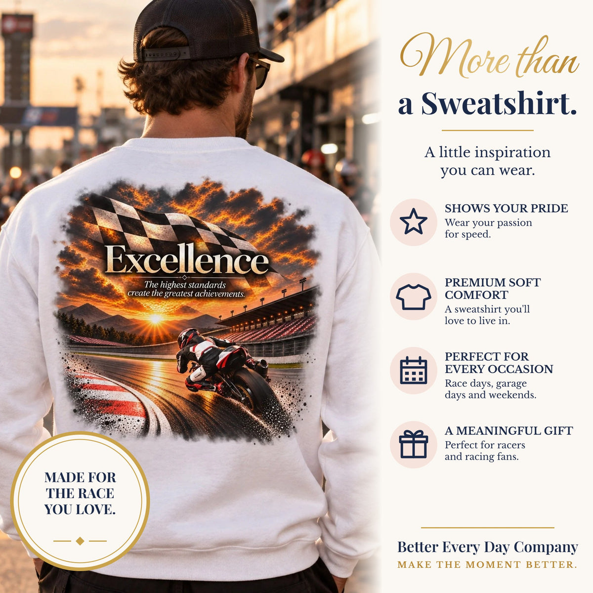 BED-SET-v1 banner | Excellence - The Highest Standards Create the Greatest Achievements | Motorcycle Racing Gift | Front Logo and Back Print | Gildan Crewneck Sweatshirt