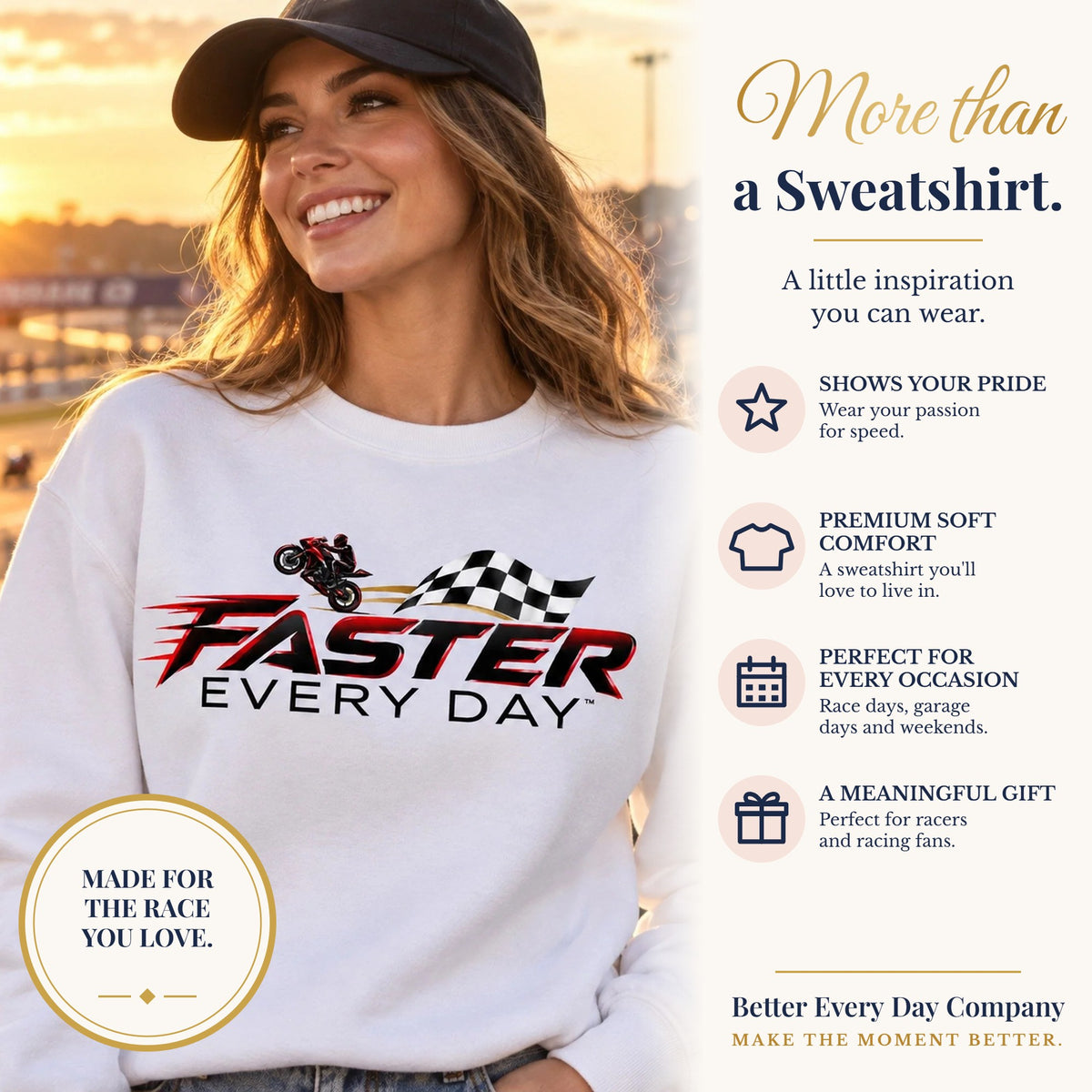 BED-SET-v1 banner | Faster Every Day Checkered Flag Logo Sweatshirt | Motorcycle Racing Gift | Gildan Crewneck Sweatshirt