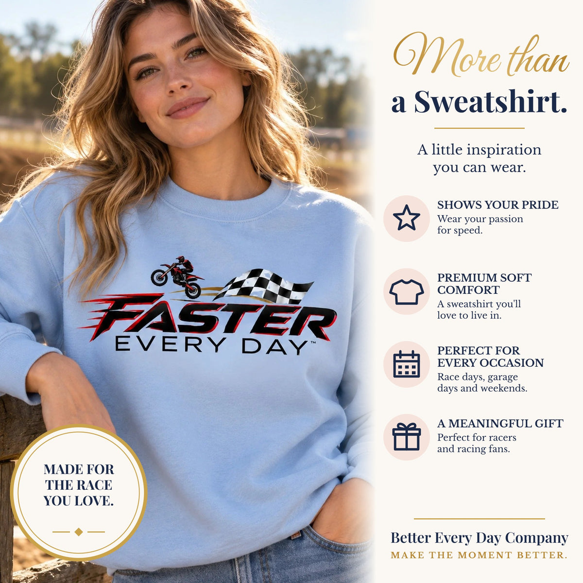 BED-SET-v1 banner | Faster Every Day Dirt Bike Checkered Flag Logo Sweatshirt | Motocross Gift | Gildan Crewneck Sweatshirt