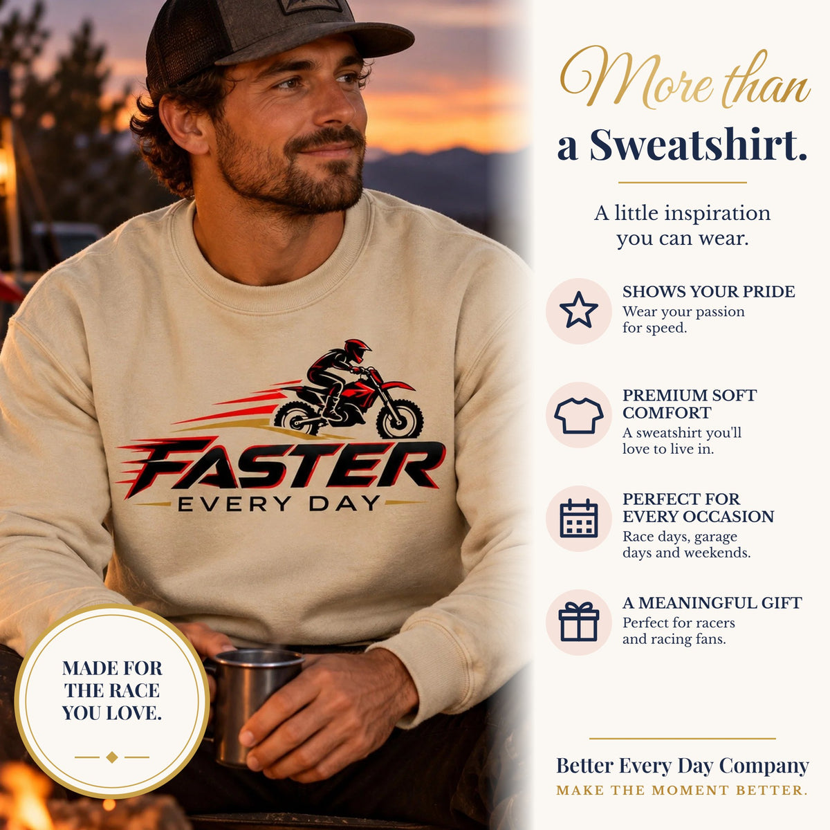 BED-SET-v1 banner | Faster Every Day Dirt Bike Logo Sweatshirt | Motocross Gift | Gildan Crewneck Sweatshirt