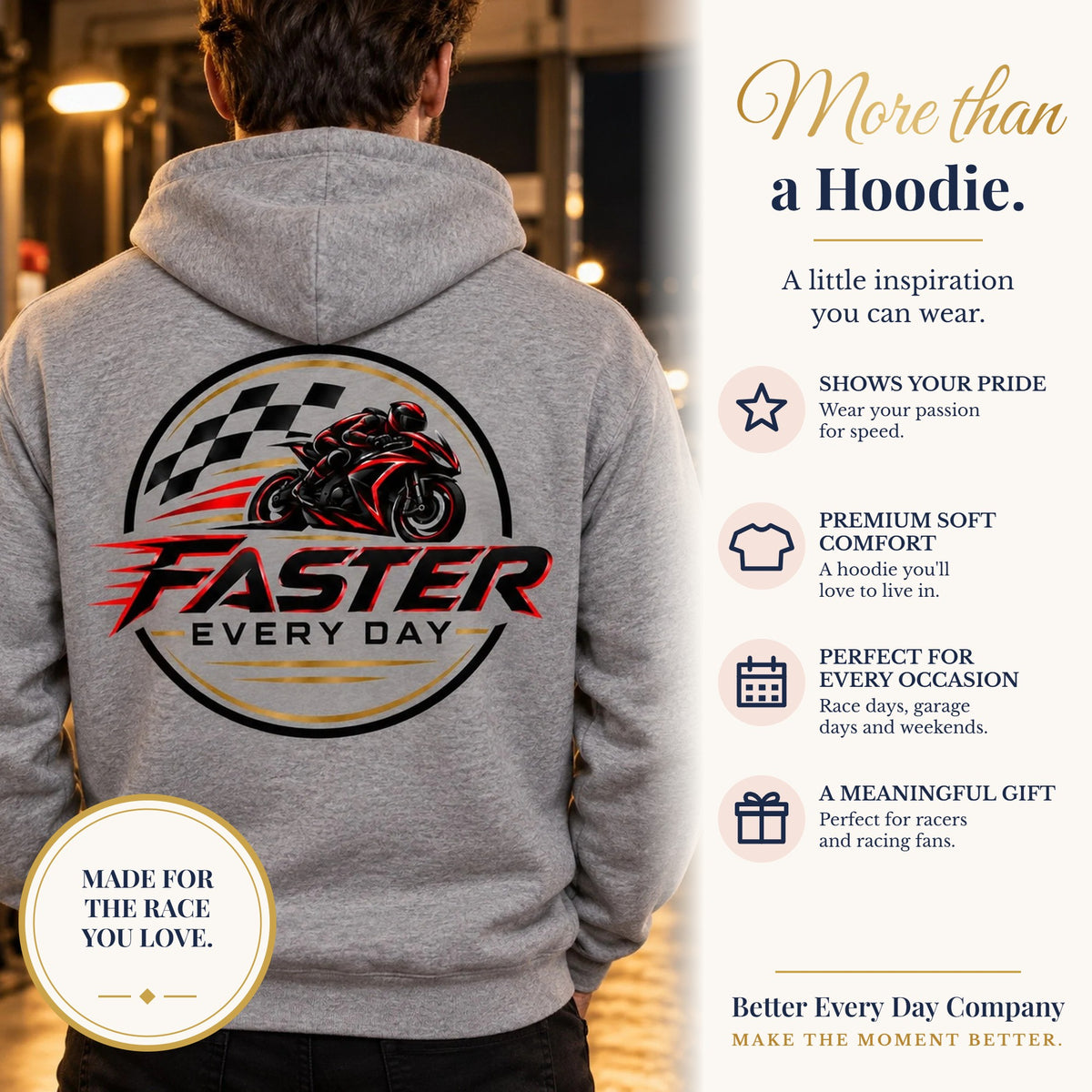 BED-SET-v1 banner | Faster Every Day Racing Badge Hoodie | Front Logo and Back Print | Motorcycle Gift | Gildan Hoodie