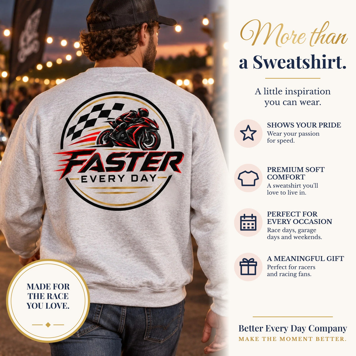BED-SET-v1 banner | Faster Every Day Racing Badge Sweatshirt | Front Logo and Back Print | Motorcycle Gift | Gildan Crewneck Sweatshirt