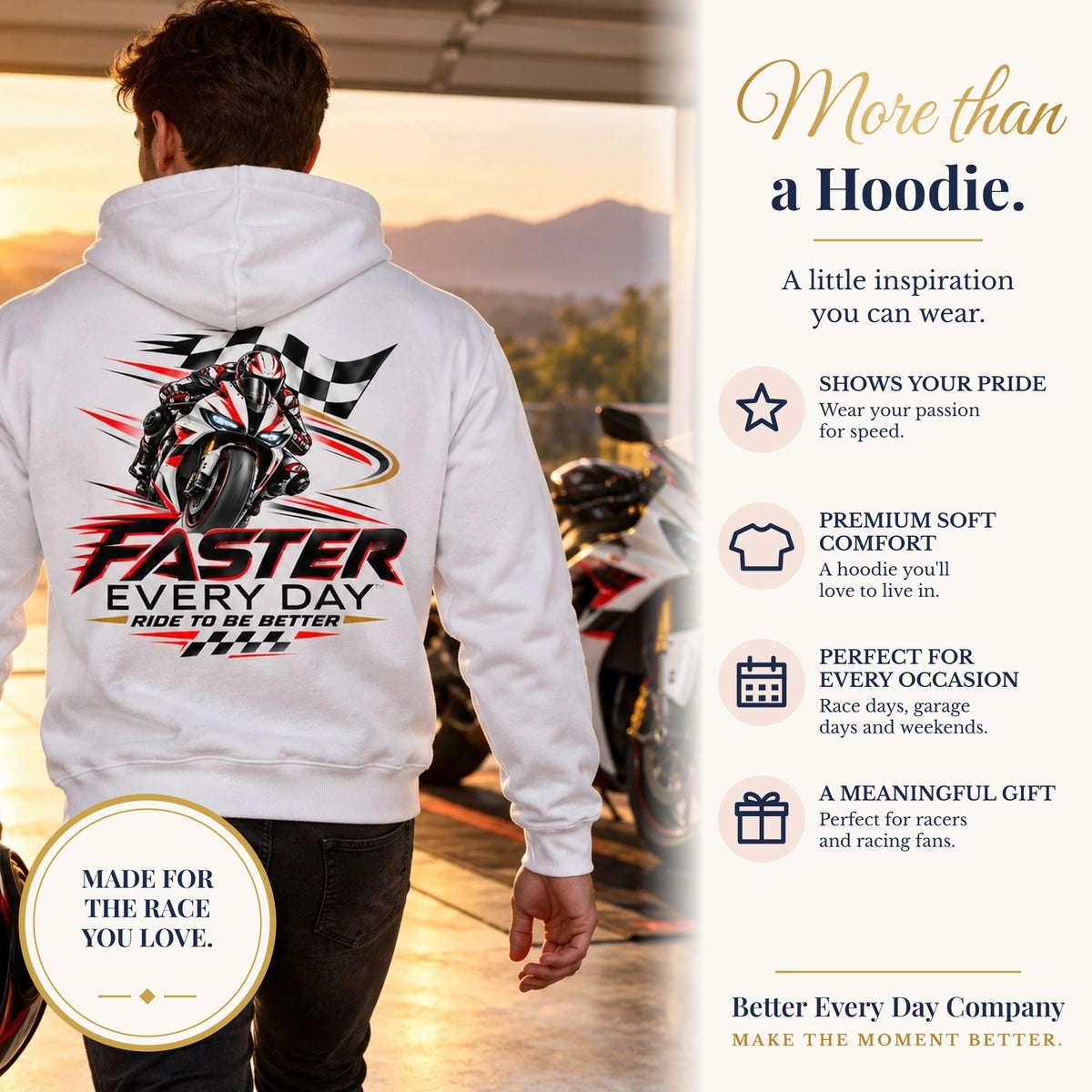 BED-SET-v1 banner | Faster Every Day Ride to Be Better Sport Bike Hoodie | Front Logo and Back Print | Gildan Hoodie