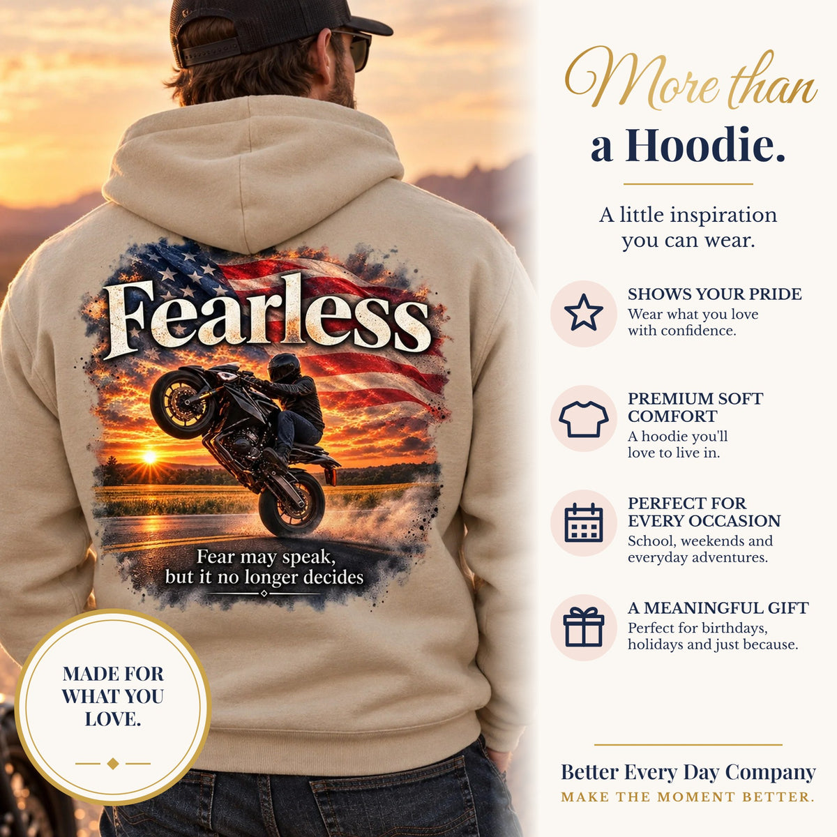 BED-SET-v1 banner | Fearless - Fear May Speak, But It No Longer Decides | Motorcycle Wheelie Hoodie | Front Logo and Back Print | Gildan Hoodie