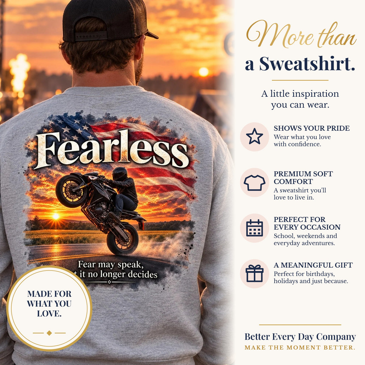 BED-SET-v1 banner | Fearless - Fear May Speak, But It No Longer Decides | Motorcycle Wheelie Sweatshirt | Front Logo and Back Print | Gildan Crewneck Sweatshirt