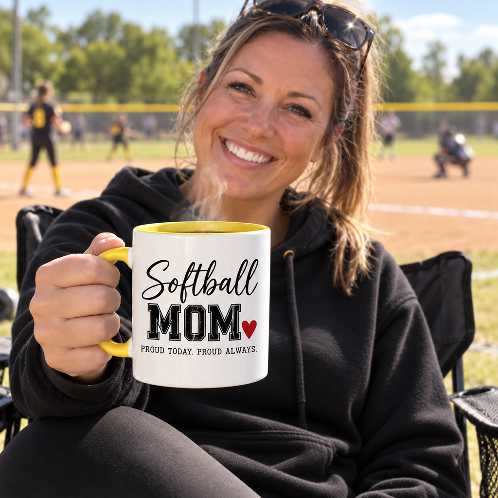Softball mom at the game holding a personalized Softball Mom mug