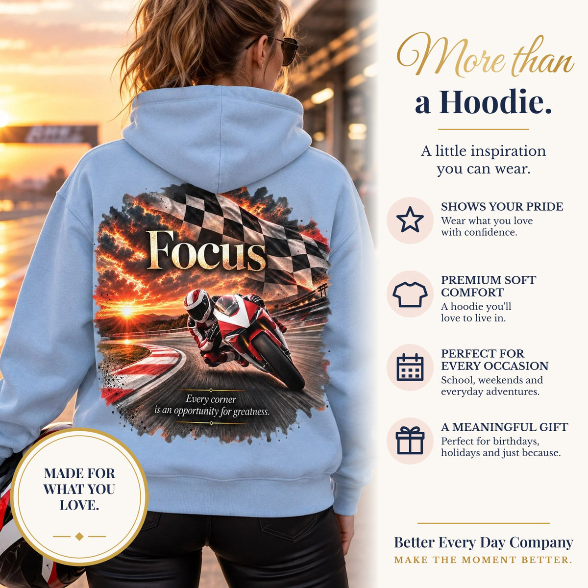 BED-SET-v1 banner | Focus - Every Corner Is an Opportunity for Greatness | Motorcycle Racing Gift | Front Logo and Back Print | Gildan Hoodie