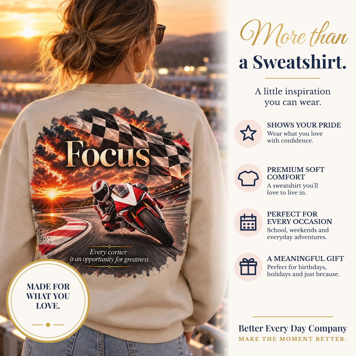 BED-SET-v1 banner | Focus - Every Corner Is an Opportunity for Greatness | Motorcycle Racing Gift | Front Logo and Back Print | Gildan Crewneck Sweatshirt