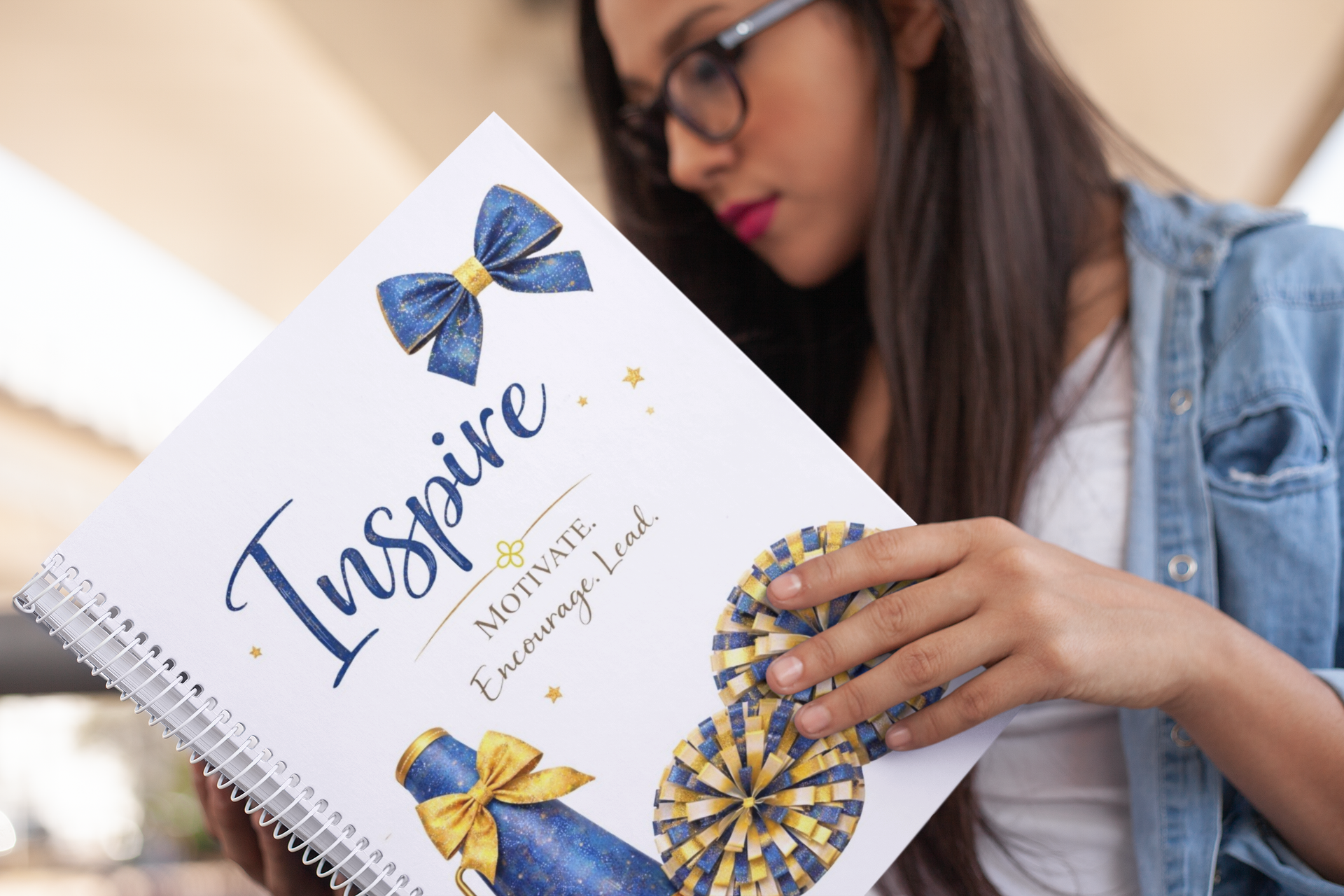 Inspire - Cheerleading Notebook 8.5"x11", Blue and Gold, Wide Ruled Blank Notebook, Spiral Bound