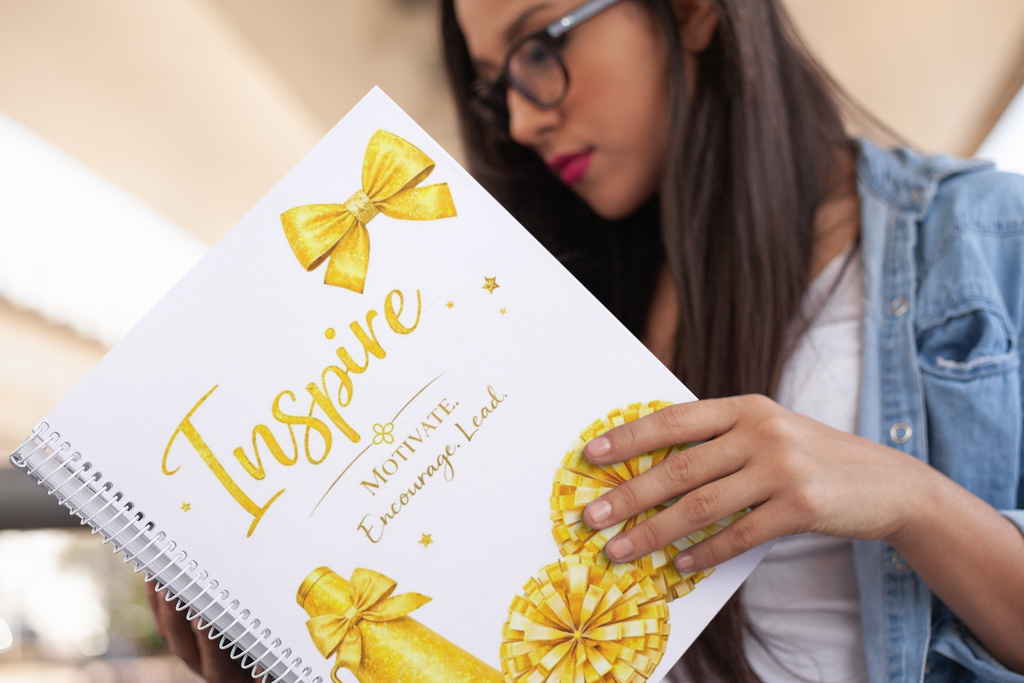 Inspire - Cheerleading Notebook 8.5"x11", Gold, Wide Ruled Blank Notebook, Spiral Bound