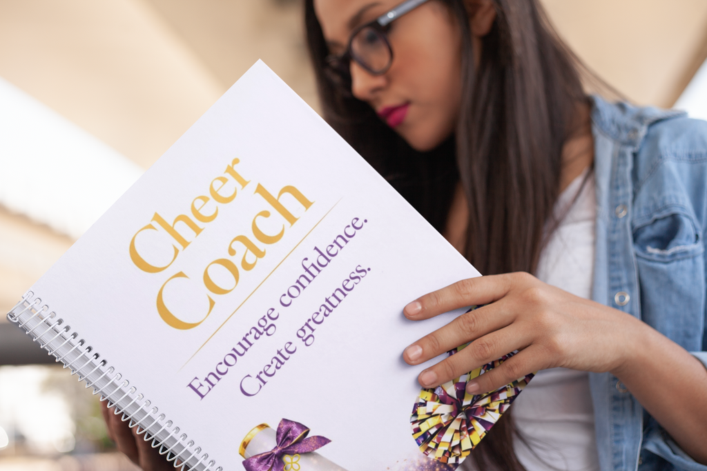 Cheer Coach - Cheerleading Notebook 8.5"x11", Purple and Gold, Wide Ruled Blank Notebook, Spiral Bound