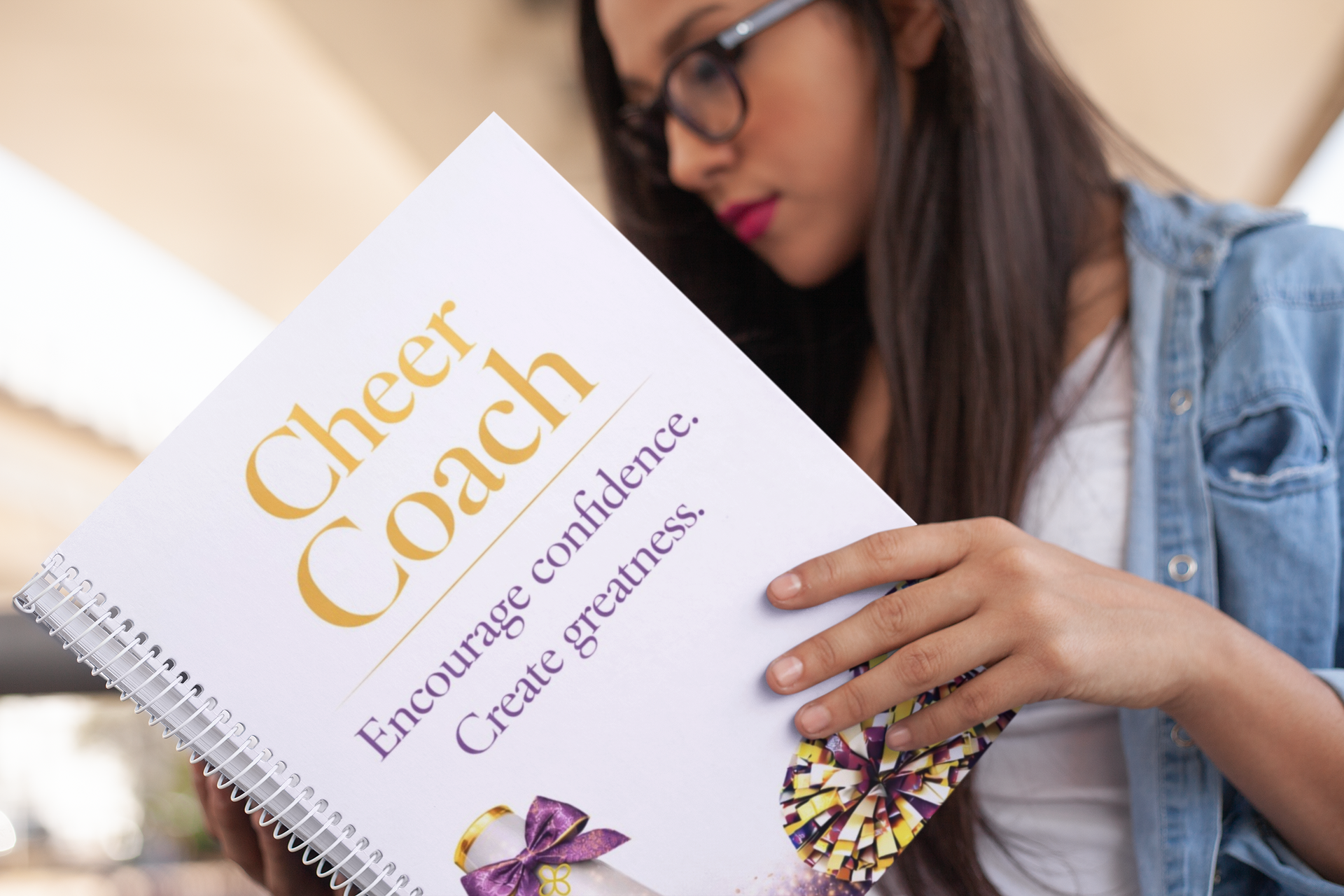 Cheer Coach - Cheerleading Notebook 8.5"x11", Purple and Gold, Wide Ruled Blank Notebook, Spiral Bound