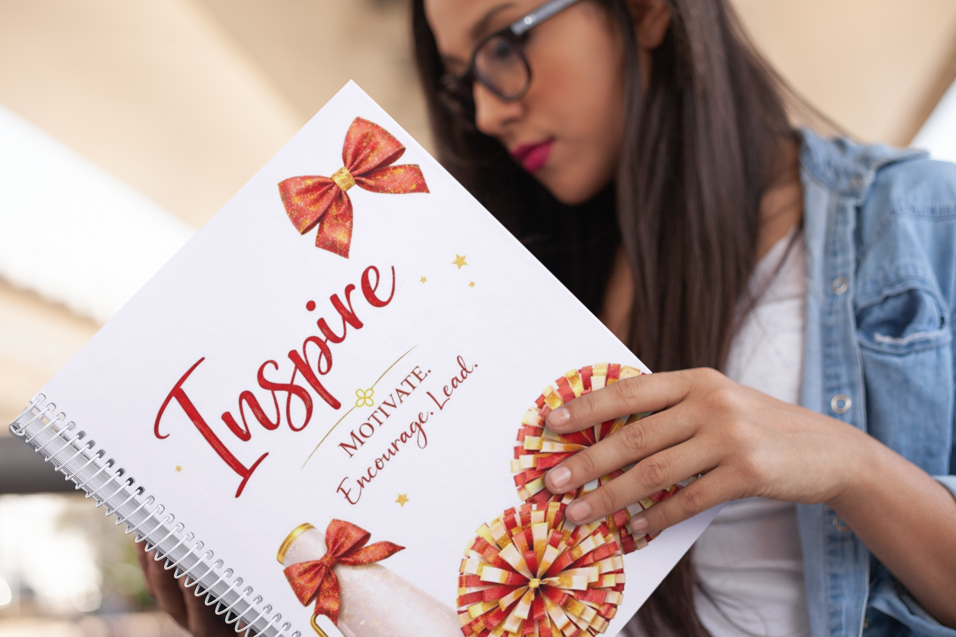 Inspire - Red and Gold, Cheer Notebook 8.5"x11" Wide Ruled Blank Notebook, Spiral