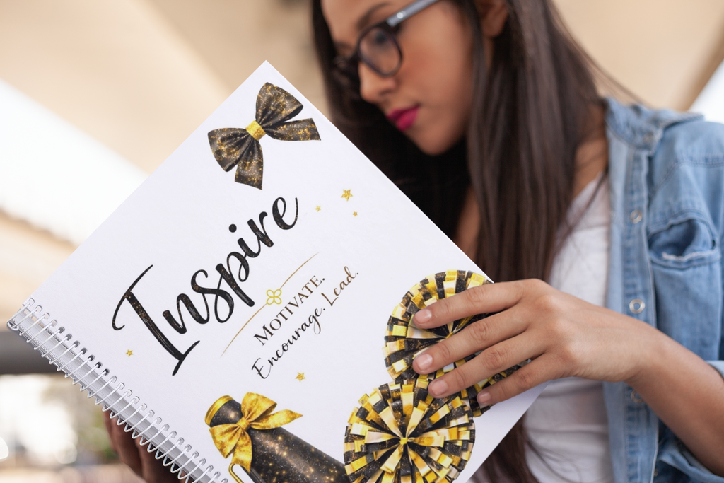 Inspire - Cheerleading Notebook 8.5"x11, Black and Gold, Wide Ruled Blank Notebook, Spiral Bound