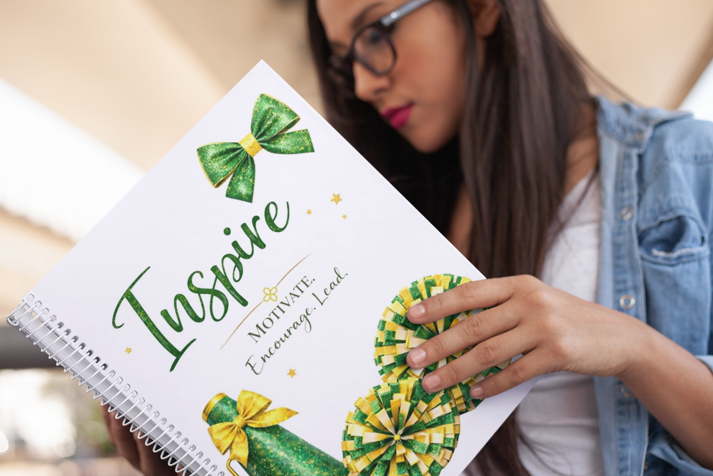 Inspire - Cheerleading Notebook 8.5"x11", Green and Gold Wide Ruled Blank Notebook, Spiral Bound