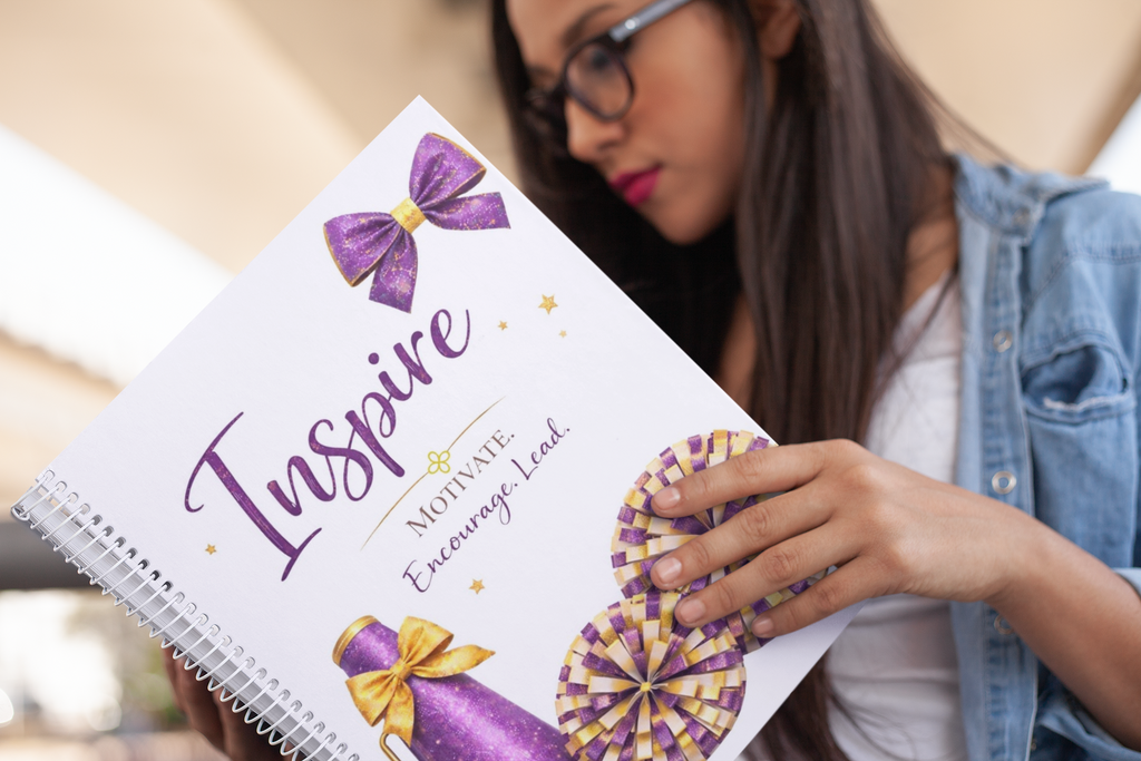 Inspire - Cheerleading Notebook 8.5"x11", Purple and Gold Wide Ruled Blank Notebook, Spiral Bound