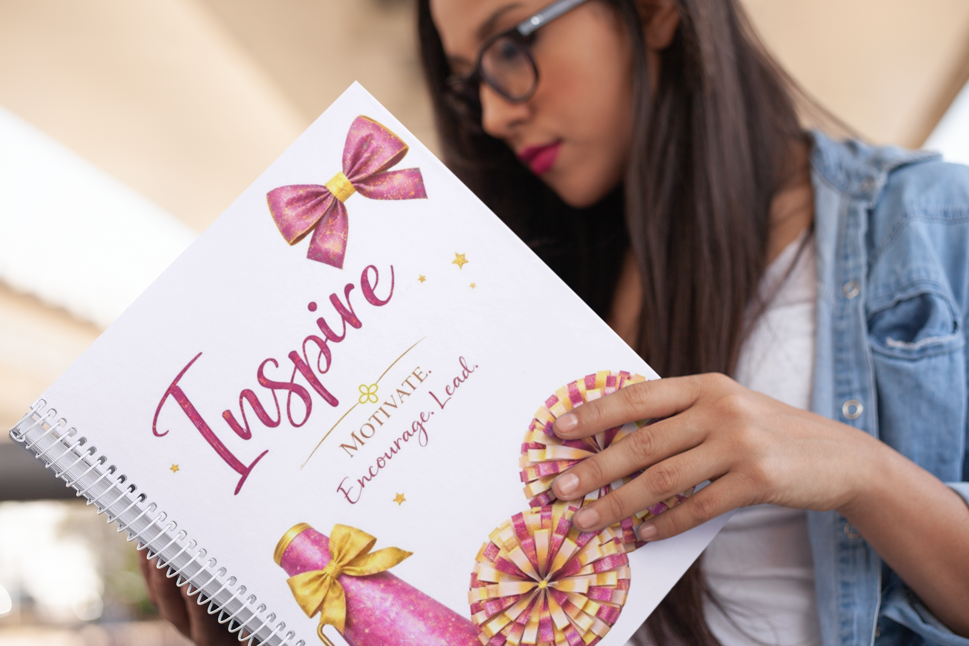 Inspire - Cheerleading Notebook 8.5"x11", Hot Pink and Gold, Wide Ruled Blank Notebook, Spiral Bound