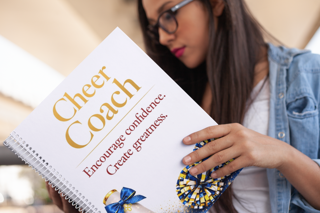 Cheer Coach - Blue and Gold, Cheerleading Notebook 8.5"x11", Blue and Gold Wide Ruled Blank Notebook, Spiral Bound