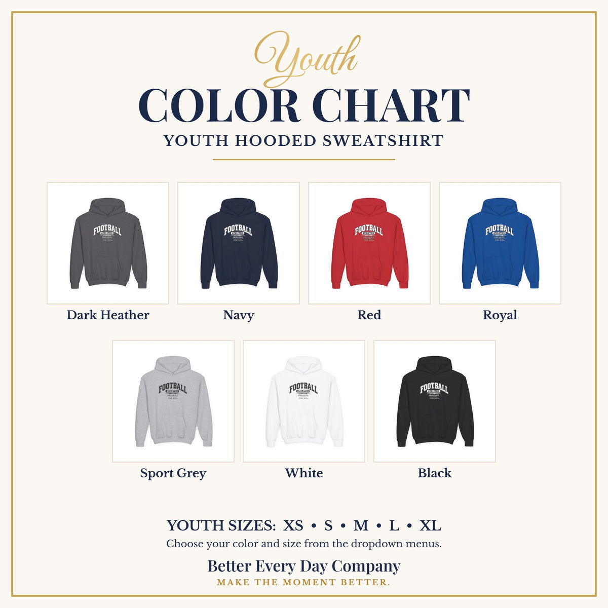 BED-SET-v1 chart | Football Athletics Youth Hoodie | Excellence Is Earned Every Down | Kids Football Youth Hoodie