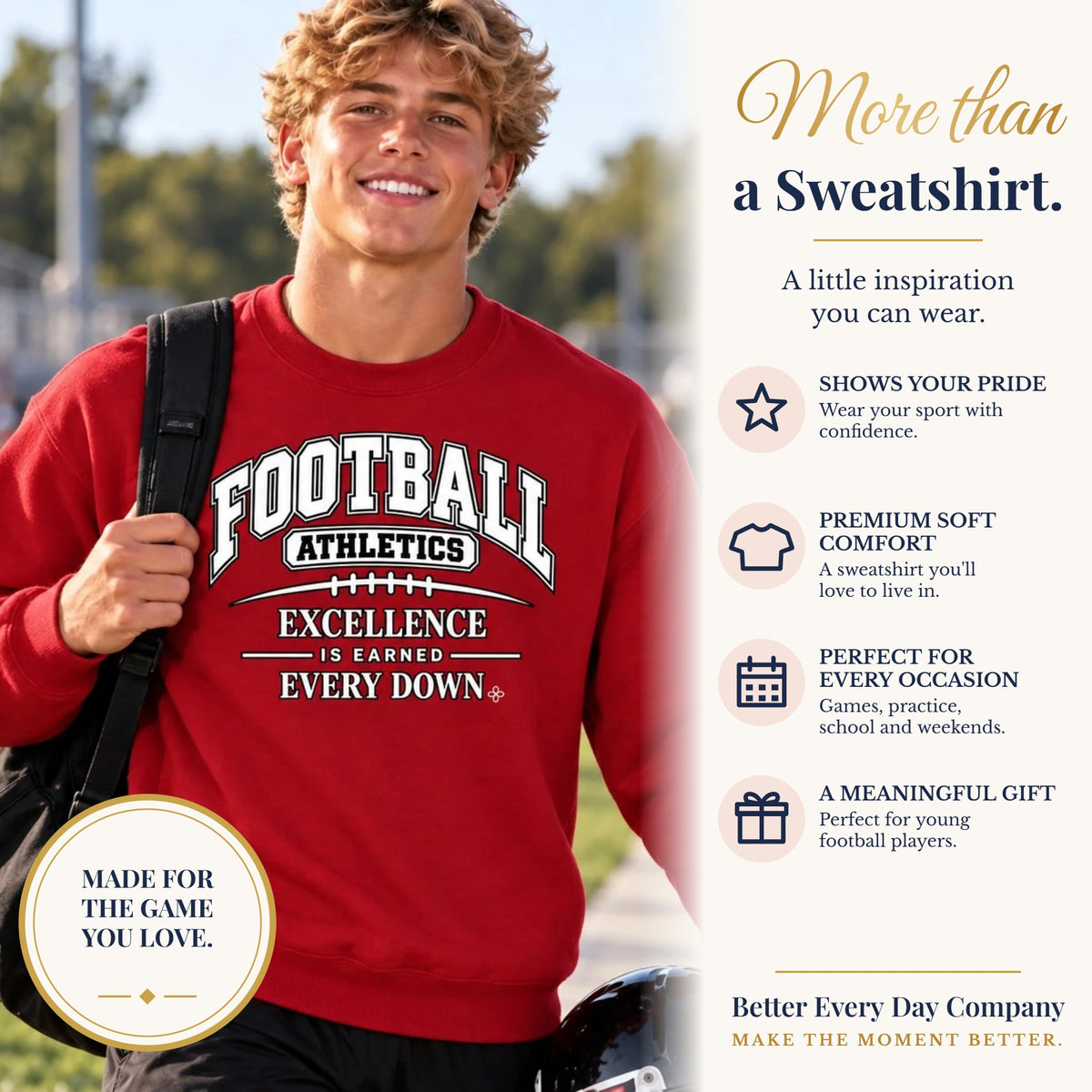 BED-SET-v1 banner | Football Athletics Youth Sweatshirt | Excellence Is Earned Every Down | Kids Football Youth Crewneck